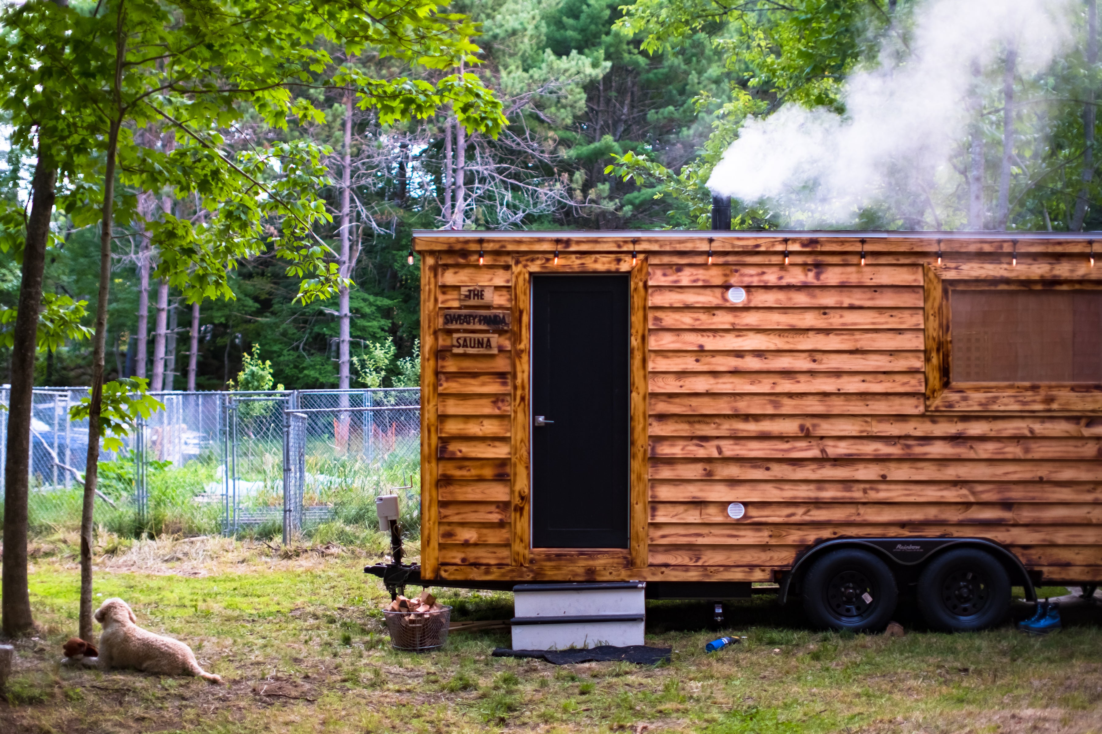 Wooden mobile sauna with steam emitting, surrounded by trees and a dog nearby.